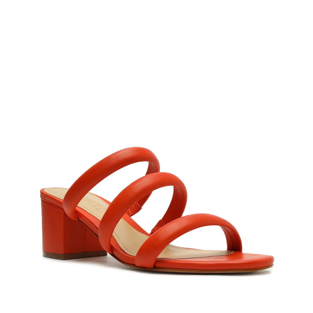 New Schutz Olly Mid Block Nappa Leather Sandal Bright Orange Size 6.5